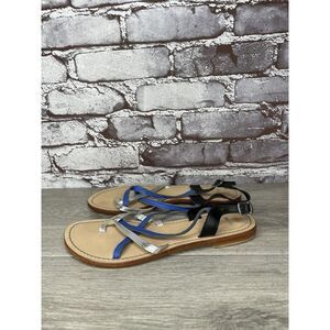 Bata Silver Blue Black Leather Strappy Flat Toe Post Sandals Women 37EU/6.5M US